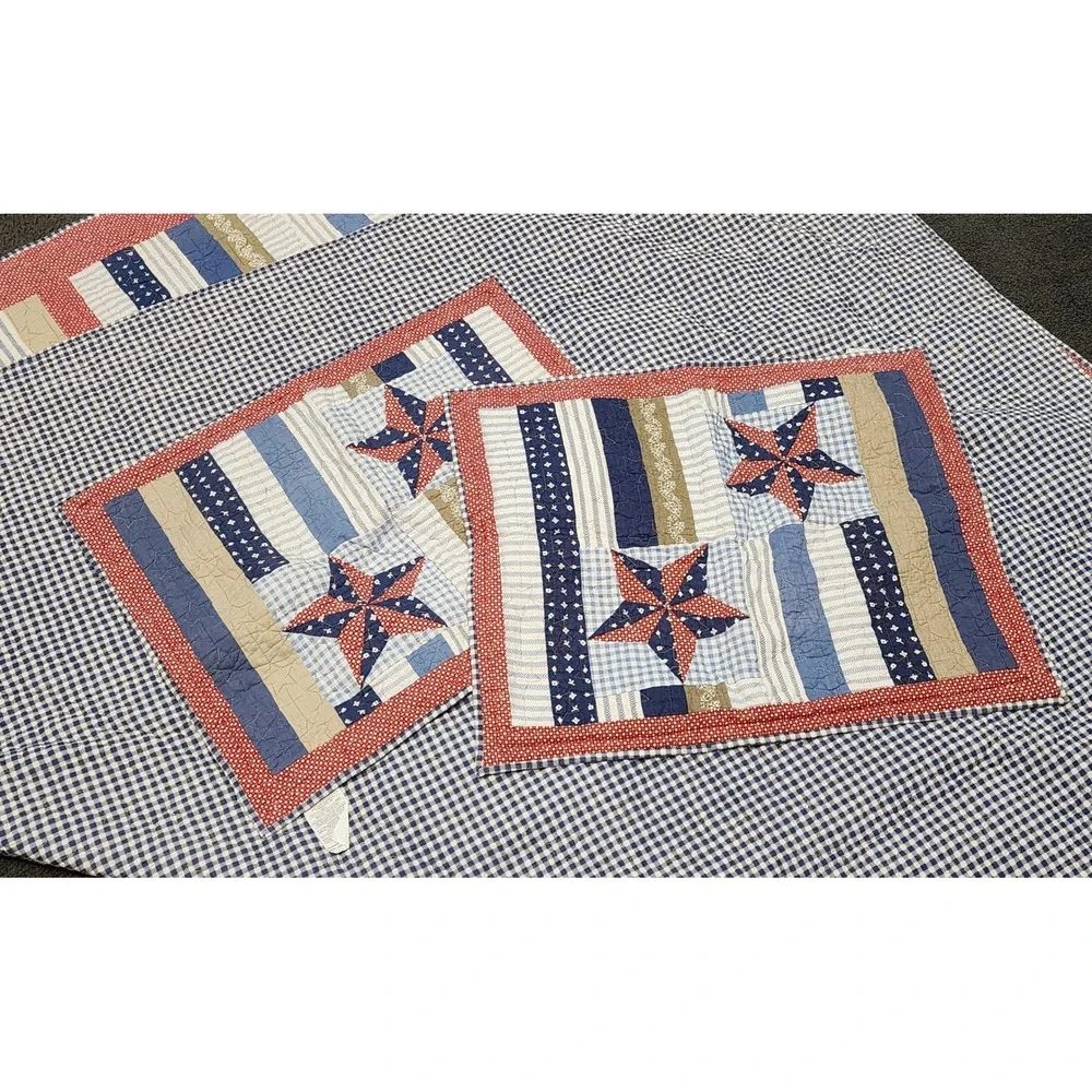 Martha Stewart Quilt Set Full Queen Red White Blue Americana Striped Star Cotton